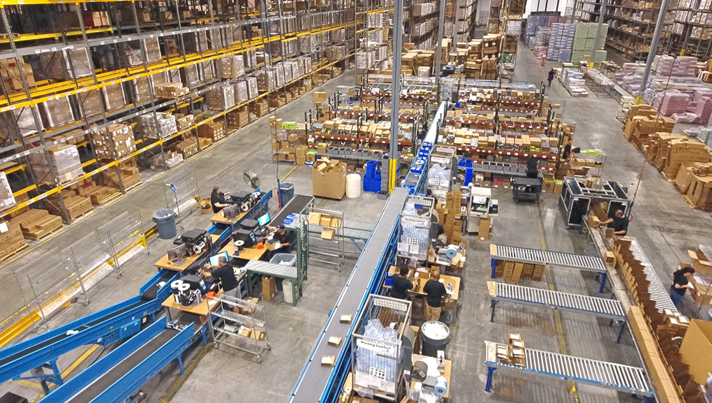 A shipping & packing center in a warehouse