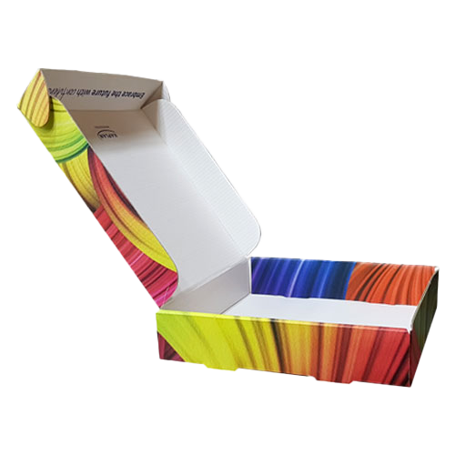 A colorful printed corrugated box open to show its inside